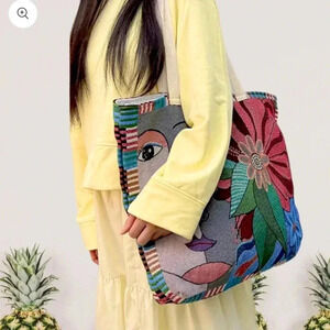 Mediterranean Summer Embroidered Large Tote Bag Zip Closure 18x16” Boho Shopper